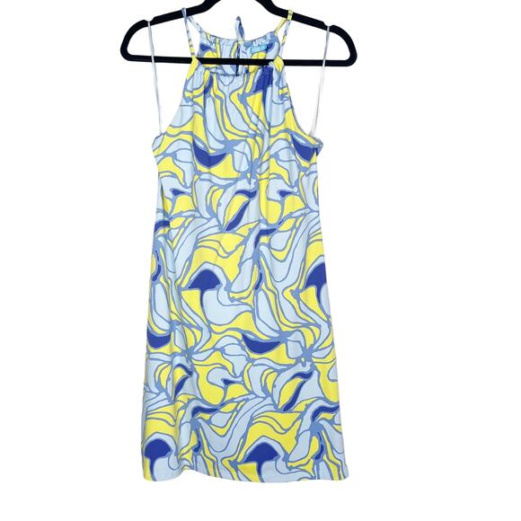 J McLaughlin XS Blue Yellow Catalina Cloth Halter Mini Dress Geometric Printed - Picture 1 of 10